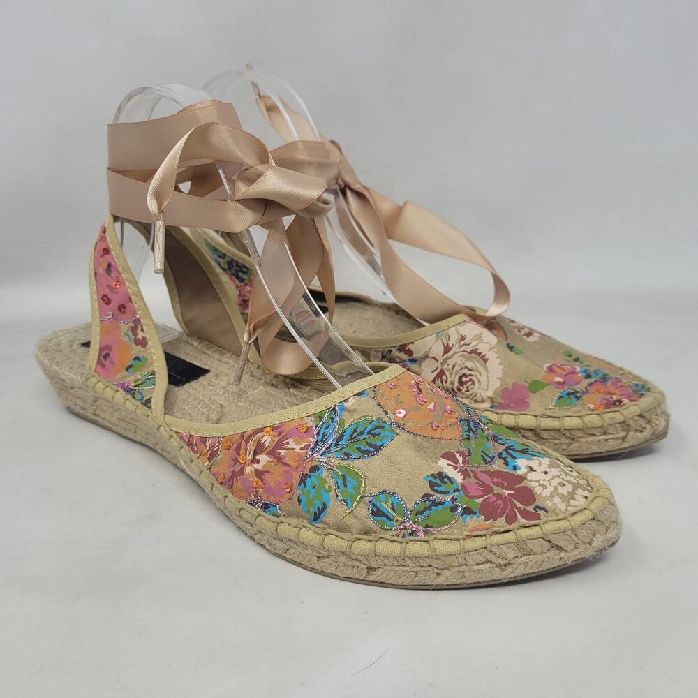 Marmi Sandals 10 Floral Espadrille Sequin Ribbon Tie Wedge Boho Floral Summer